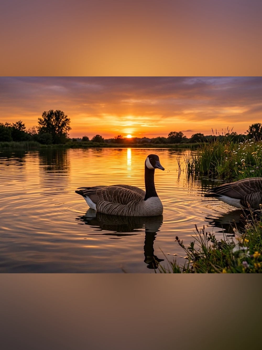 Sunset Lake Photography Print - Brown & Black Canada Goose Art